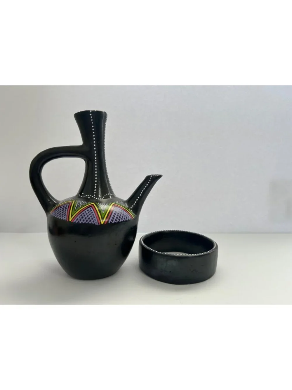 Ethiopian Jebena Coffee Pot w/ Stand Hand-Painted Black Ceramic Decorative FLAW